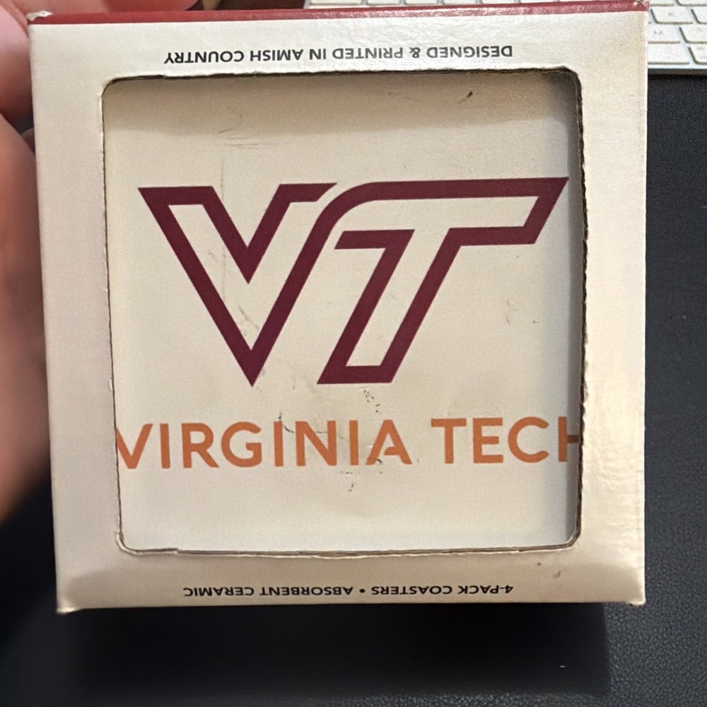 Virginia Tech Logo White 4 x 4 Absorbent Ceramic Coasters Pack of 4 New In Box!